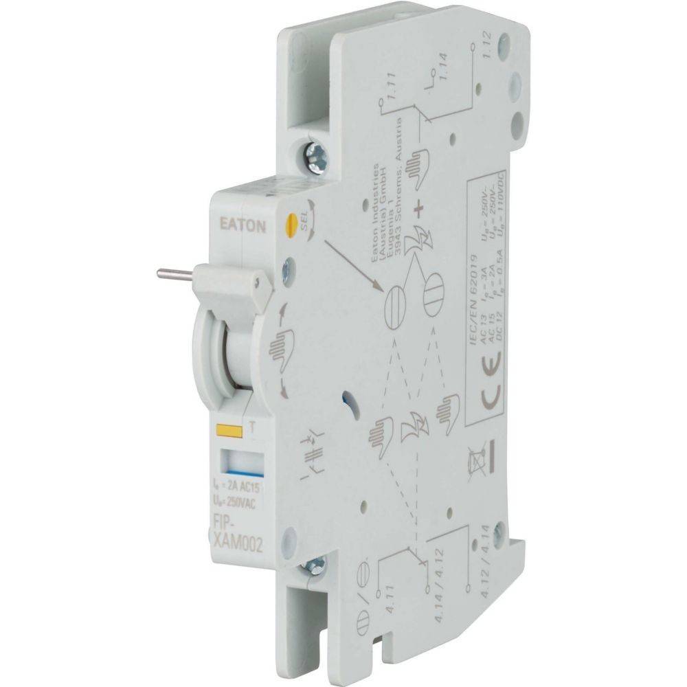 Ein elektrisches Schaltmodul mit Diagrammen und Textbezeichnungen, die technische Spezifikationen und Installationsdetails zeigen.