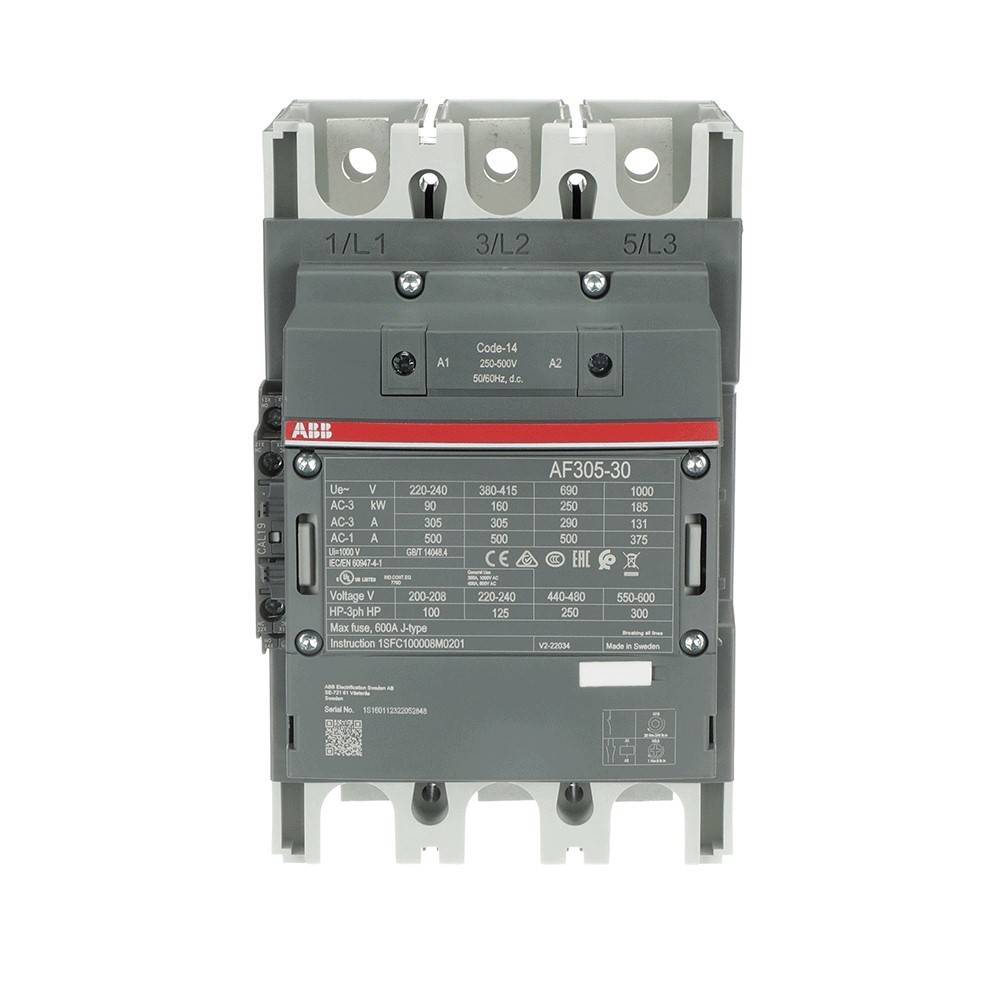 Elektrisches Gerät mit grauem Gehäuse, beschriftet mit 'ABB AF305-30'. Enthält Reihen von technischen Spezifikationen und mehrere Anschlüsse an der Oberseite.