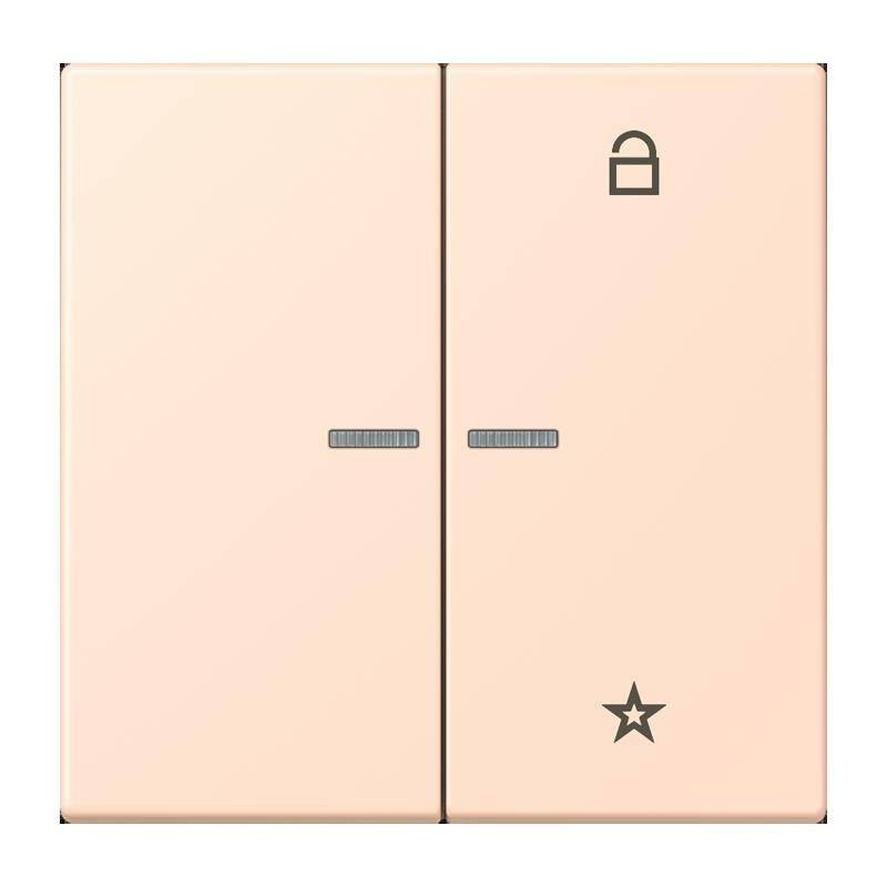 Ein beiger Doppellichtschalter mit einem Schlosssymbol auf dem rechten Schalter und einem Sternensymbol auf dem linken Schalter, der unterschiedliche Funktionen anzeigt.