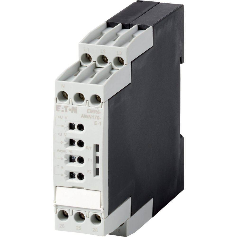 Eaton E1 Plus Überlastrelais mit mehreren Anschlussports und beschrifteten Anzeigen, verwendet für Motorschutz und -steuerung in elektrischen Systemen.