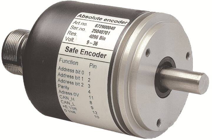 Absoluter Encoder gekennzeichnet als 'Sicherer Encoder' mit Spezifikationen: Art.-Nr. 672900040, Auflösung 4096 Bin, Spannung 9-36, Anschlussfunktionen.