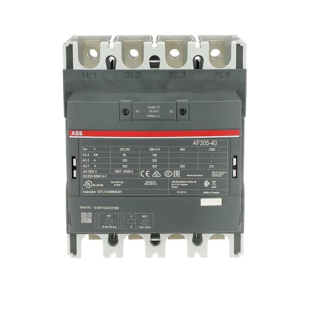 Das Bild zeigt einen elektrischen Schütz mit der Bezeichnung 'AF305-40' mit Spezifikationen für AC-1- und AC-3-Lasten sowie verschiedenen Spannungs- und Stromstärkewerten.