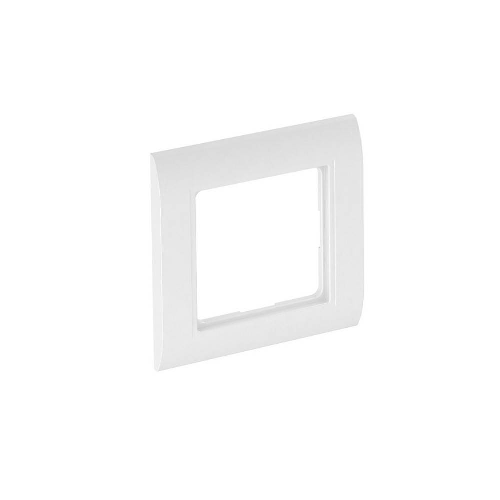 Ein weißer, rechteckiger Rahmen mit geschwungener Kantengestaltung, typischerweise verwendet für Elektroschalter oder Steckdosen, vor einem schlichten Hintergrund.