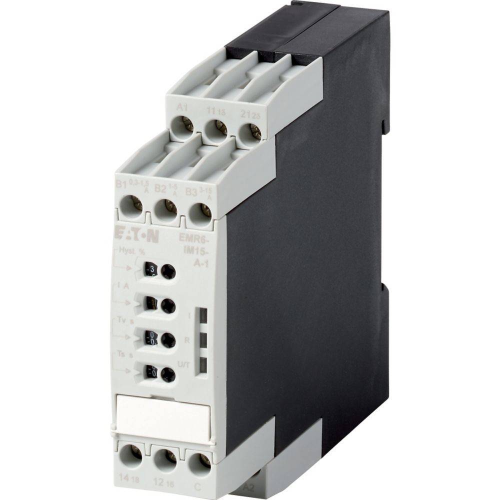 Eaton EMR6 Relais, schwarze und graue Gehäuse mit mehreren Anschlussports, die von A1 bis Z1 beschriftet sind. Merkmale mit beschrifteten Einstellungen und Anzeigen.