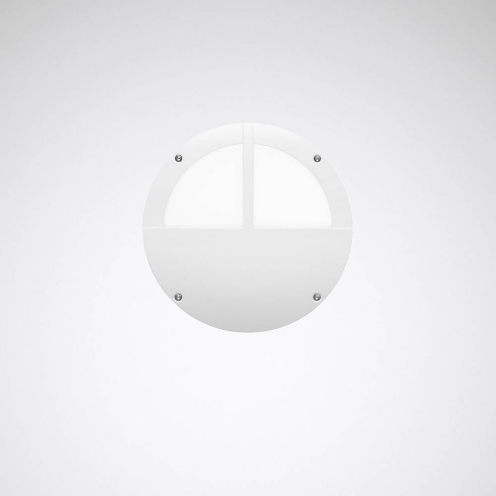 Eine runde weiße Wandleuchte mit halbkreisförmigem Design, an der auf jeder Seite zwei Befestigungsschrauben gegen einen einfarbigen Hintergrund montiert sind.