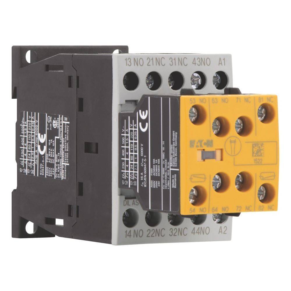 Ein Schütz mit beschrifteten Anschlusspunkten für elektrische Verbindungen, ausgestattet mit Hauptkomponenten zur Steuerung von Stromkreisen.