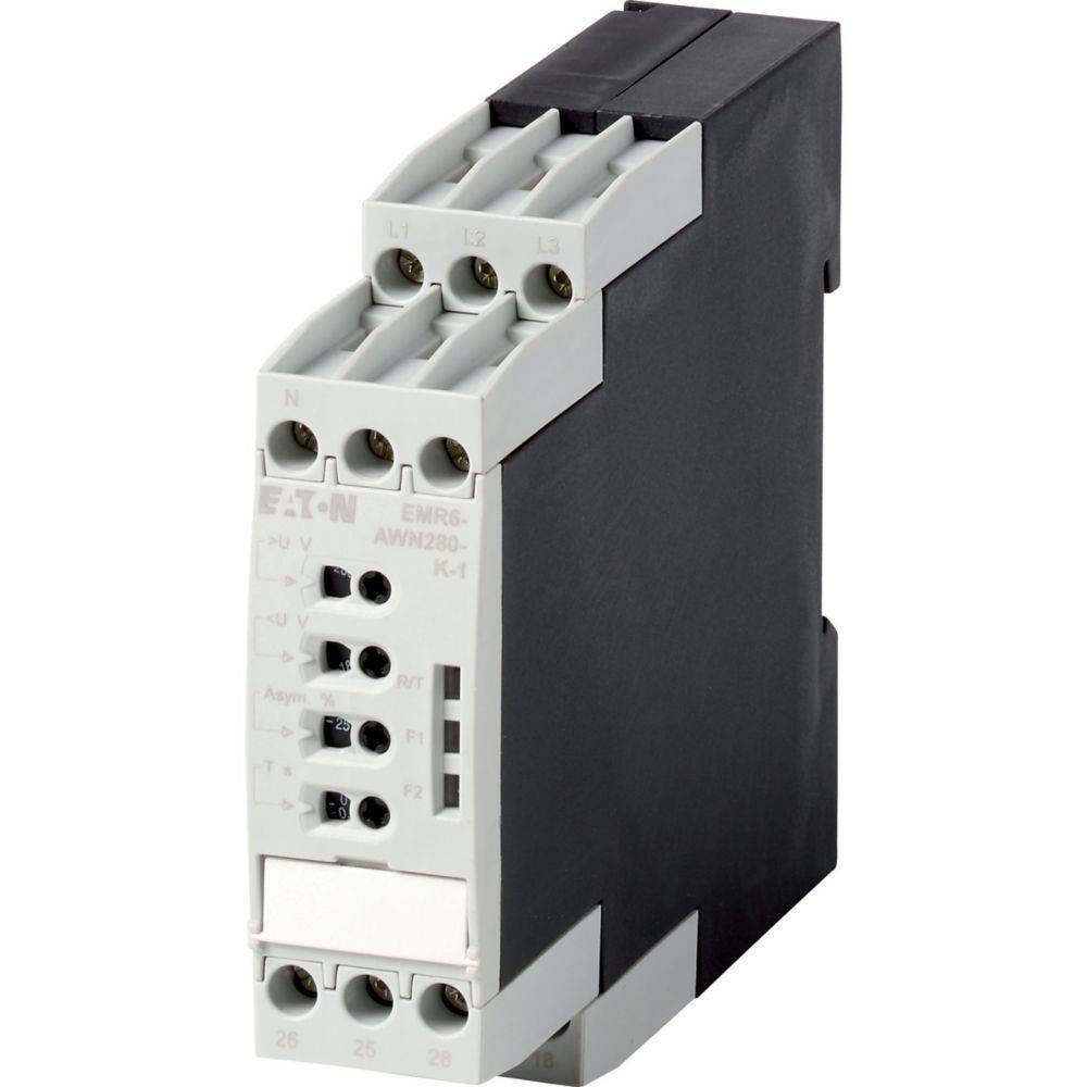Ein schwarzes und graues elektronisches Relais-Gerät mit mehreren beschrifteten Anschlussklemmen auf der Frontseite, das zum Schutz elektrischer Schaltkreise verwendet wird.