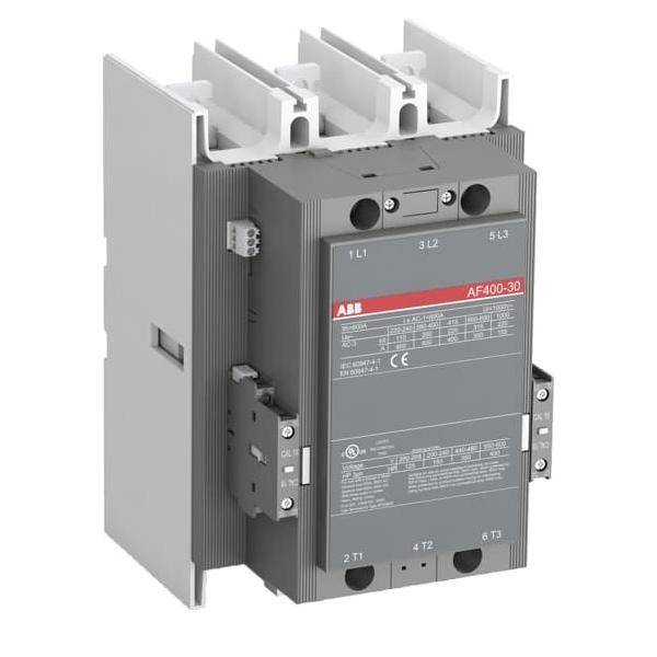 ABB AF400-30' Motorsteuergerät mit dreipolitigen Anschlüssen; grau, industrielle Designausführung mit Fokus auf elektrische Komponentensteuerung.