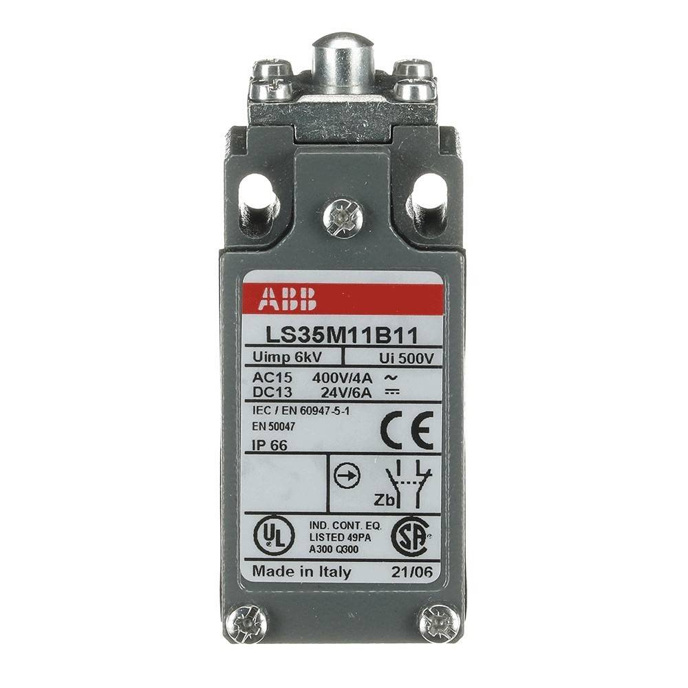 ABB LS35M11B11 Grenztaster mit Spezifikationen auf der Vorderseite, einschließlich Spannungsangaben und Schutzgrad. Hergestellt in Italien.