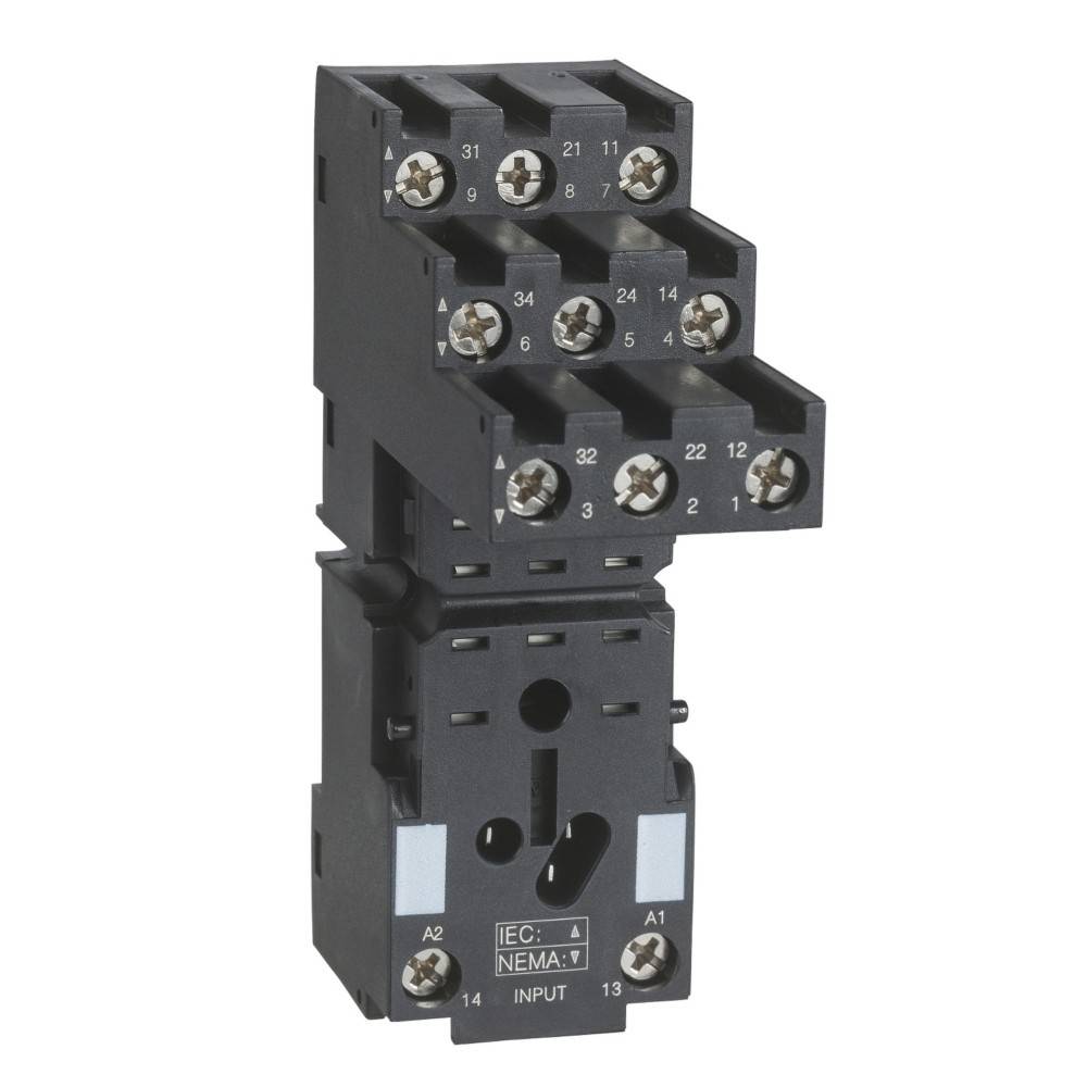 Eine schwarze Relaishalterung mit beschrifteten Schraubanschlüssen, die entwickelt wurde, um ein elektromagnetisches Relais zur Steuerung elektrischer Schaltkreise aufzunehmen.