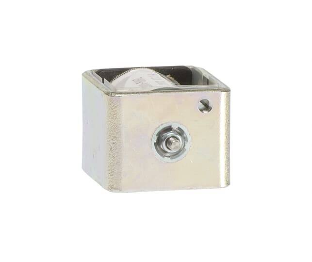 Eine kleine metallische Vorrichtung mit einer zentralen Schraube und einer offenen Oberseite, möglicherweise eine mechanische Komponente oder ein Verbinder.