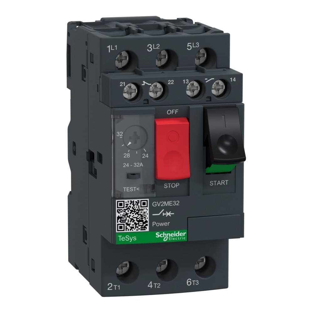 Schneider Electric Motorschutzschalter mit Stopp- und Startknöpfen, beschrifteten Anschlüssen und einem QR-Code.