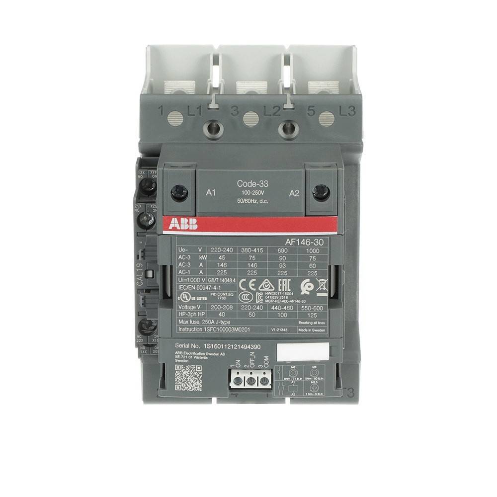 AF146-30 Schütz mit Steuer- und Leistungsanschlüssen: L1, L2, L3, A1, A2; ABB-Markenlogo sichtbar. Geeignet für industrielle Anwendungen.
