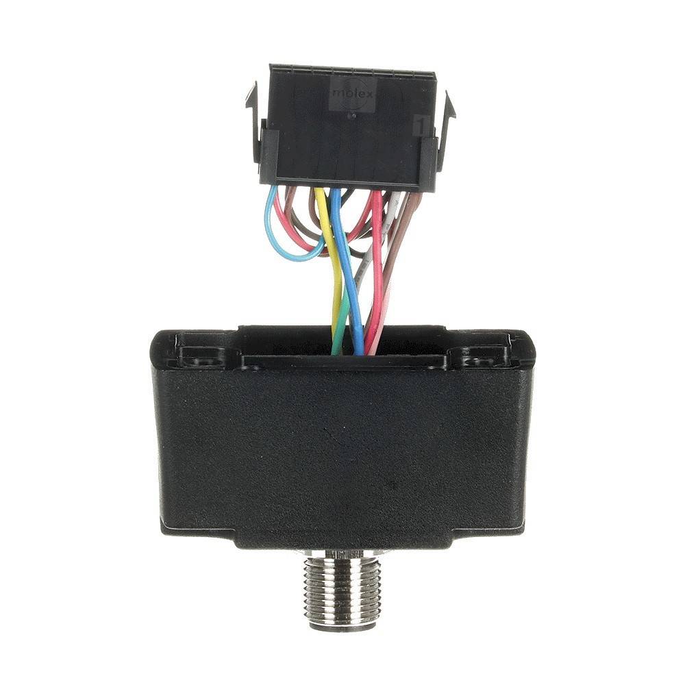 Ein schwarzer Sensor mit farbigen Kabeln und einem Metallstecker, von der Seite betrachtet, der möglicherweise für technische oder ingenieurtechnische Anwendungen verwendet wird.