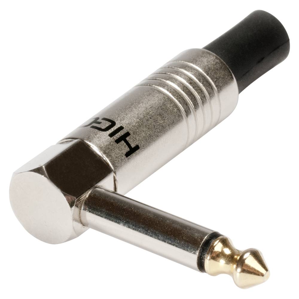 HICON Klinke (6,3mm) 2-pol Metall-Löttechnik-Stecker, Pin vernickelt mit Goldtip, abgewinkelt, chromfarben