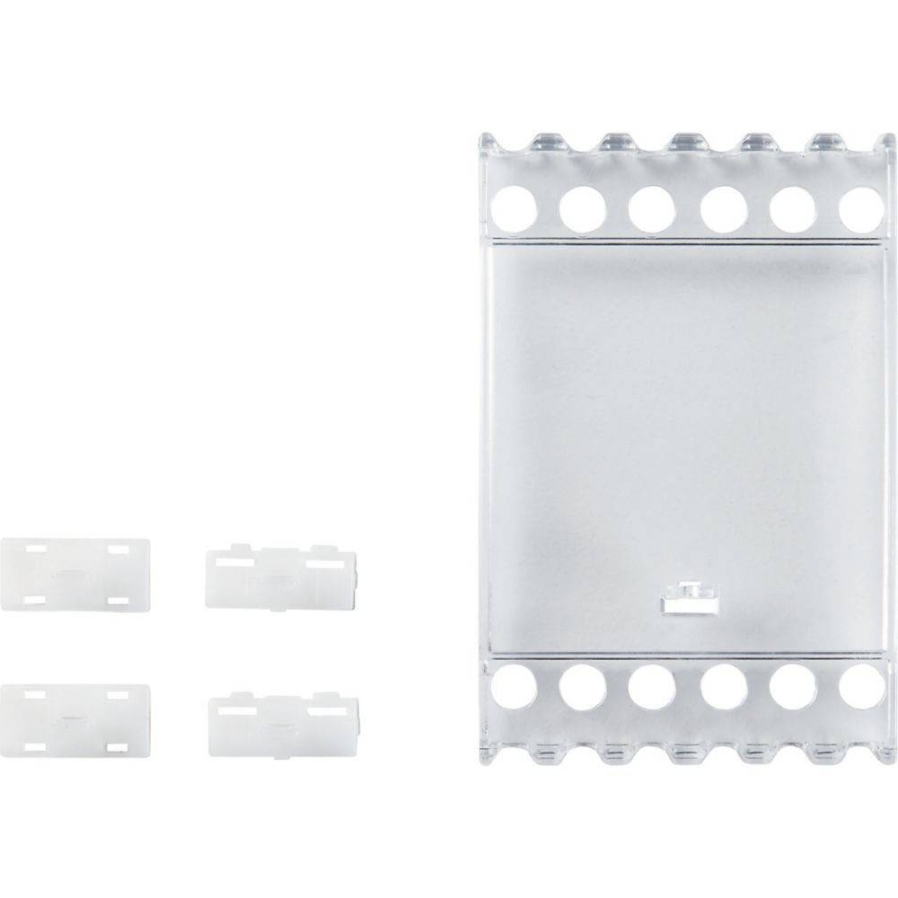 Eine klare Plastiktasche mit runden Löchern entlang des oberen Randes wird neben drei weißen, clipähnlichen Gegenständen auf einem weißen Hintergrund gezeigt.