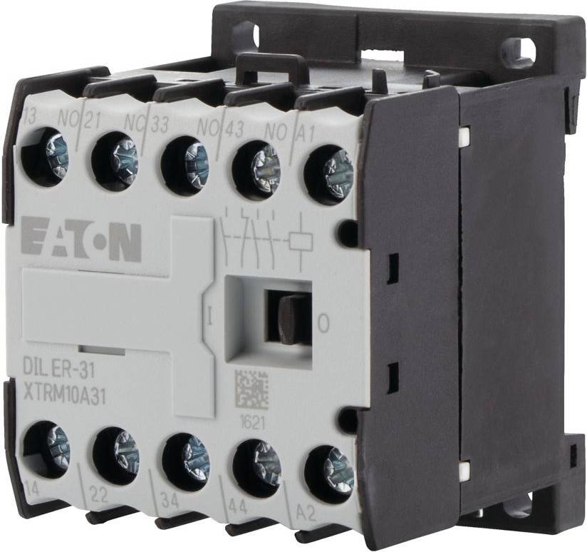 Ein grauer elektrischer Schütz mit dem Markennamen 'EATON' und der Teilenummer 'DILER-31' auf seiner Oberfläche, mit mehreren Anschlusspunkten.