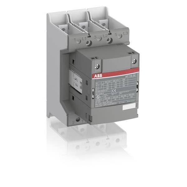 Eine graue industrielle Elektrokomponente mit der Bezeichnung 'ABB AF116-30'. Drei Klemmen auf der Oberseite, mit technischen Spezifikationen auf der Vorderseite.