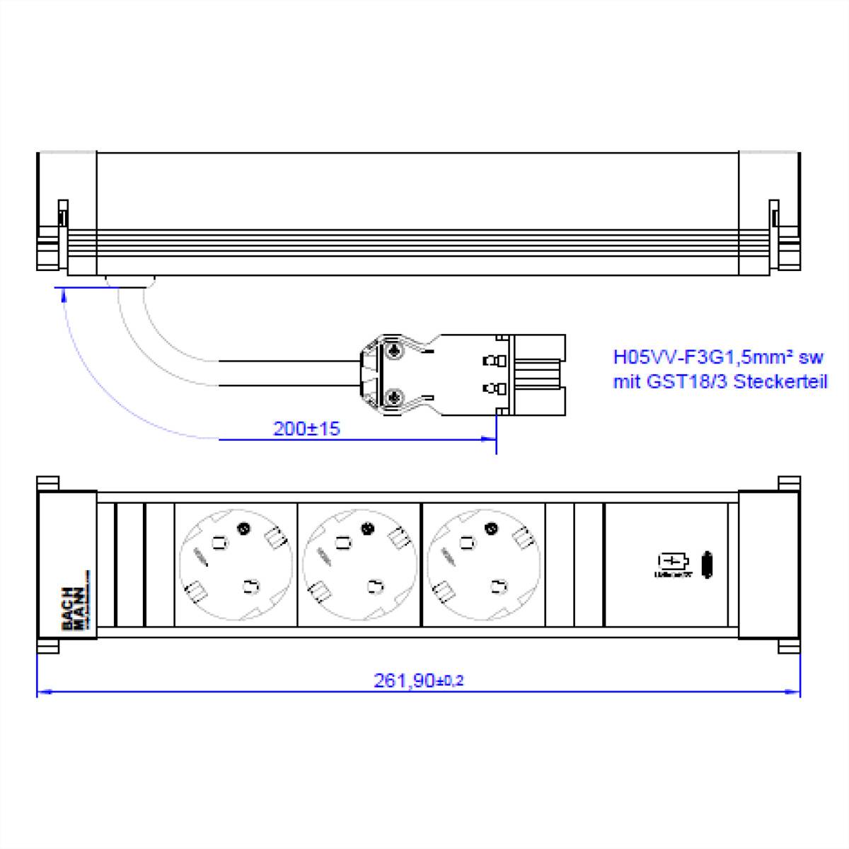 BACHMANN POWER FRAME M 3xCEE7/3, 1xUSB C 30W 0,2m GST18