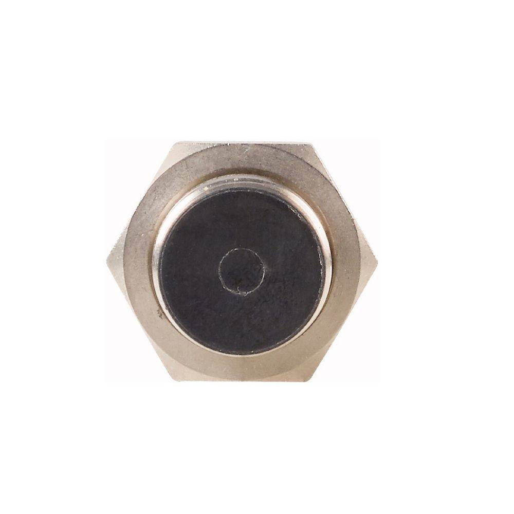 Ein Metallmagnet in sechseckiger Form mit einer kreisrunden, flachen, schwarzen magnetischen Oberfläche in der Mitte, von vorne betrachtet.