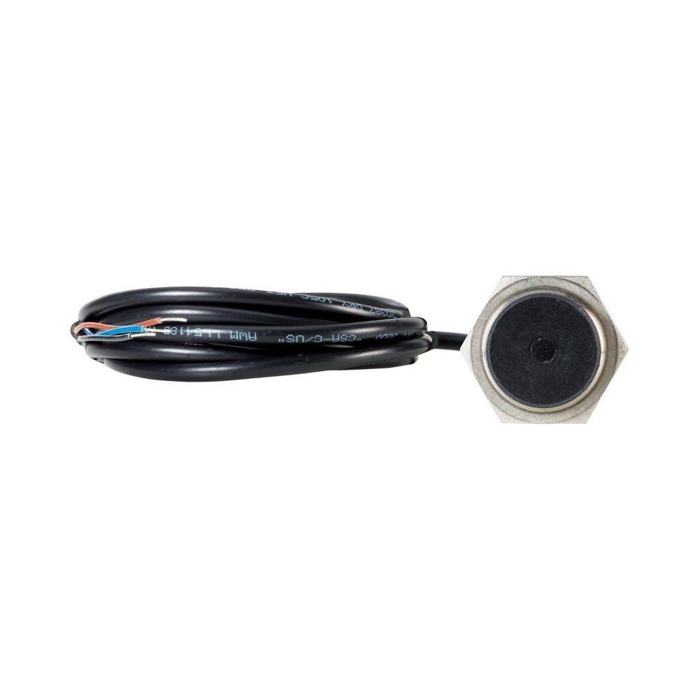 Ein schwarzer Kabel-Sensor mit einem kreisförmigen Metallgehäuse und vier freiliegenden Drähten, der zur Erkennung oder Messung spezifischer Parameter verwendet wird.