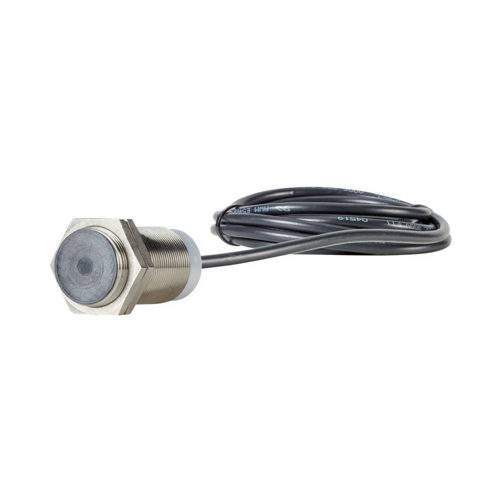 Ein industrieller zylindrischer Sensor mit sechseckiger Basis und angeschlossenem Kabel, konzipiert für Näherungserkennung in Fertigungsumgebungen.