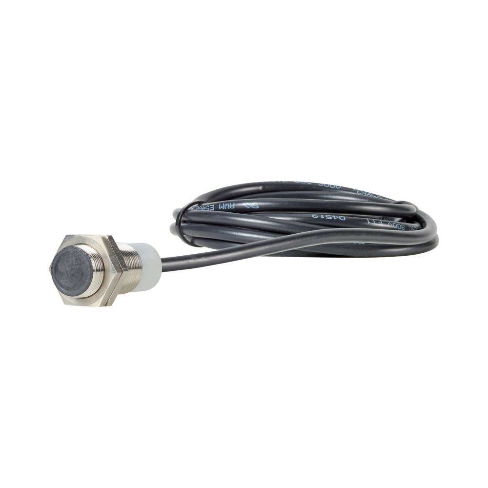 Ein Näherungssensor mit einem metallischen Gehäuse und einem schwarzen Kabel, der zur berührungslosen Objekterkennung verwendet wird.