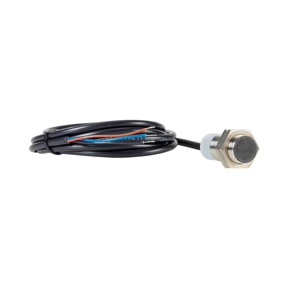 Ein Sensor aus Metall und Kunststoff mit einem Gewindekörper, der an einem langen, schwarzen Kabel mit mehreren farbigen Leitern befestigt ist.