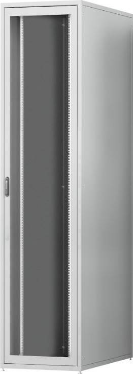 Ein Serverrack aus Metall mit geöffneter Tür, das leere Einschübe für Geräte zeigt. Das Innere ist grau mit einem Griff und Lüftungslöchern.