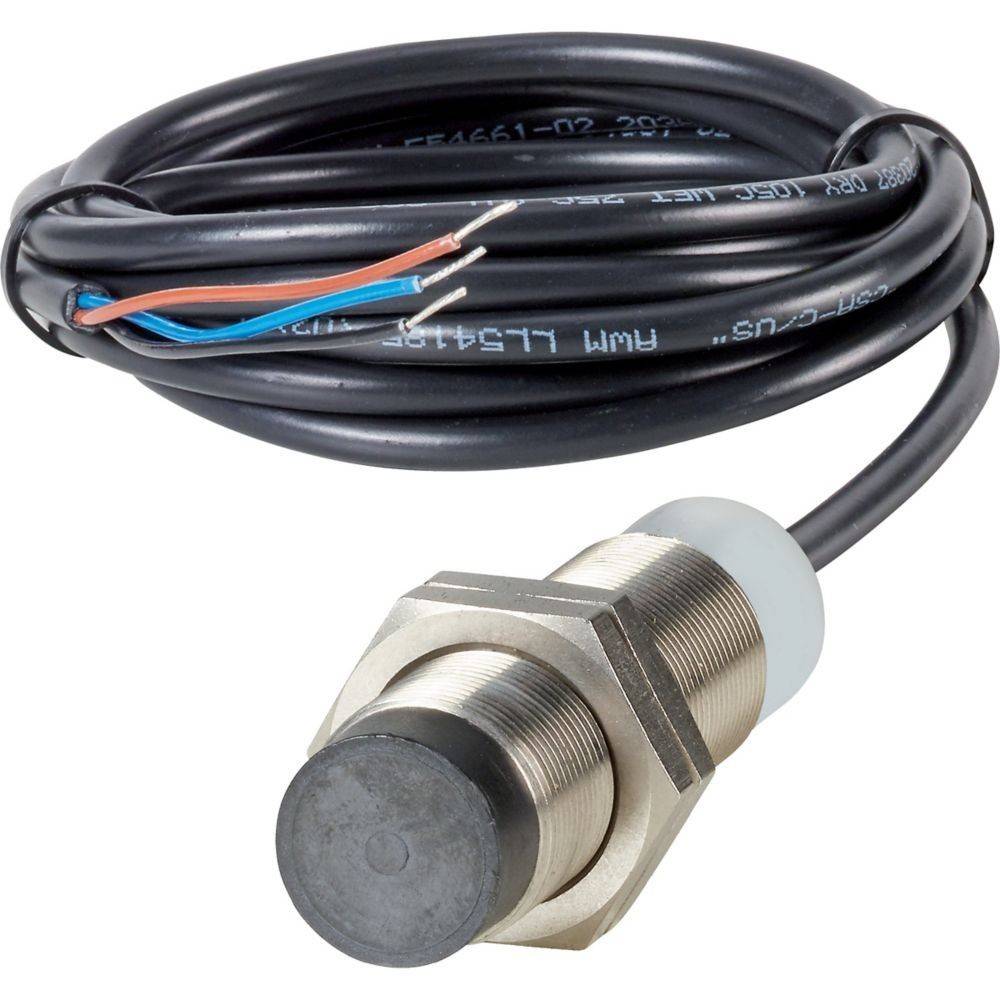 „Ein zylindrischer Näherungssensor mit einem Metallgehäuse und einer schwarzen Sensoroberfläche, verbunden mit einem gewickelten schwarzen Kabel mit freiliegenden Enden.