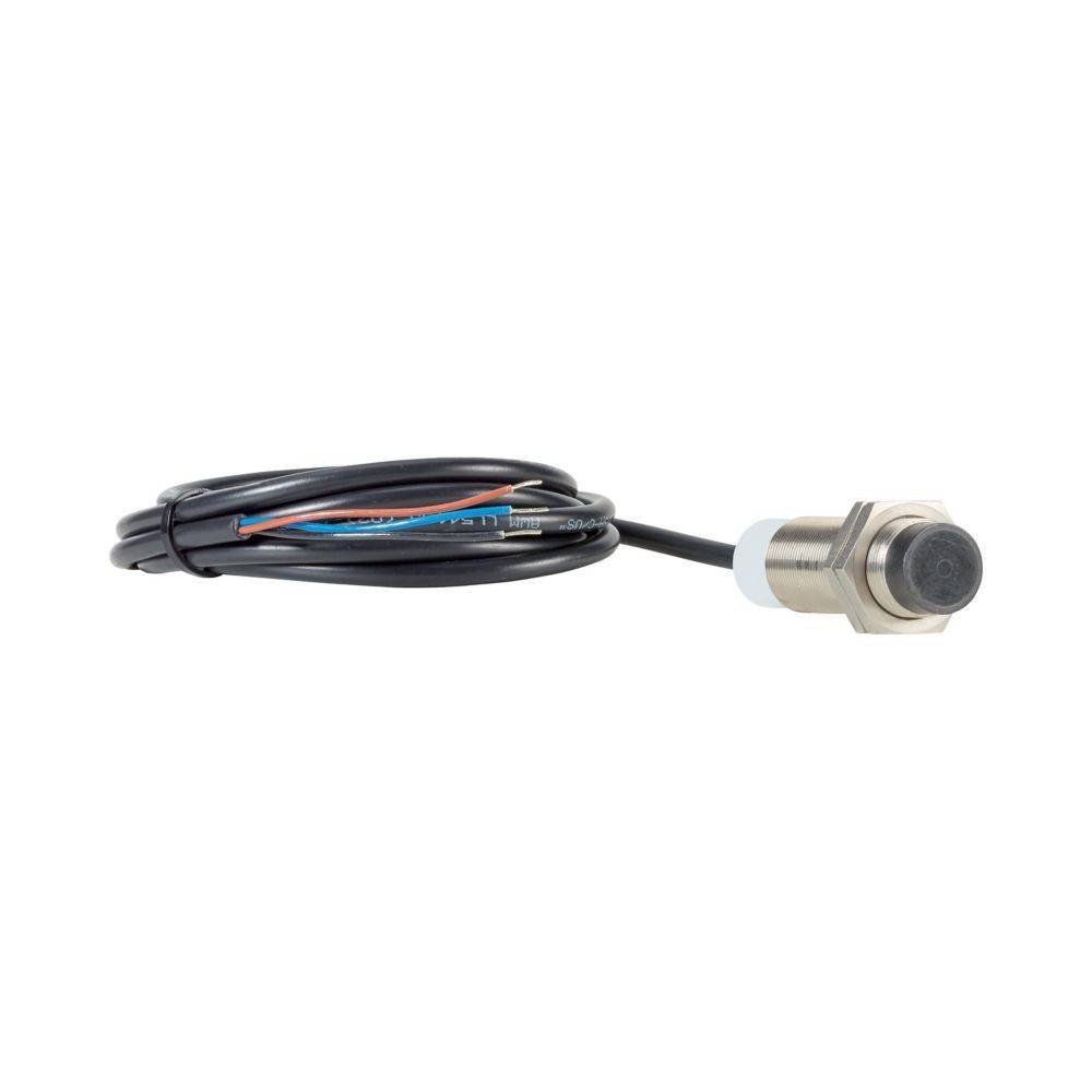Ein zylindrisches Metallsensor mit einem schwarzen kreisförmigen Ende, das an ein langes schwarzes Kabel mit freiliegenden farbigen Leitungen am anderen Ende angeschlossen ist.
