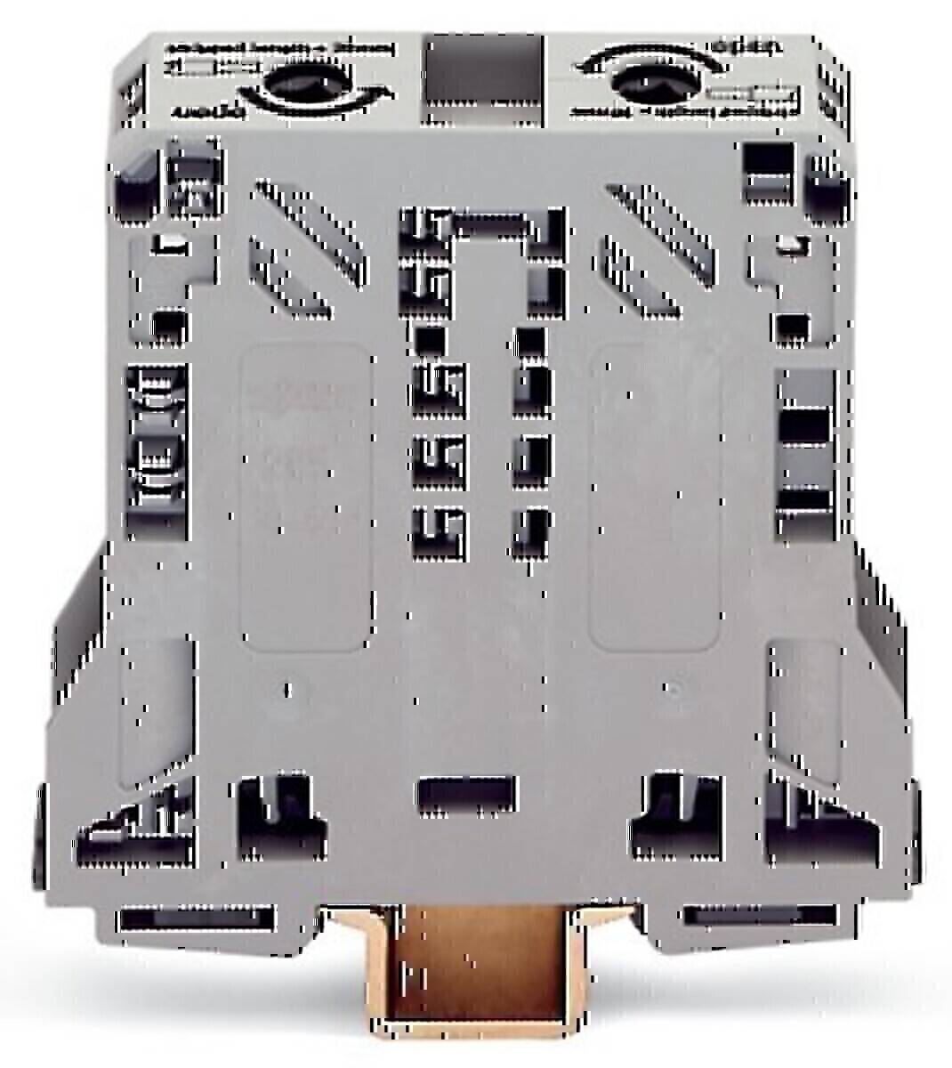 Eine modulare, graue elektrische Komponente mit mehreren Anschlusspunkten, die möglicherweise zum Organisieren oder Verwalten von Verkabelungen in elektrischen Anordnungen verwendet wird.