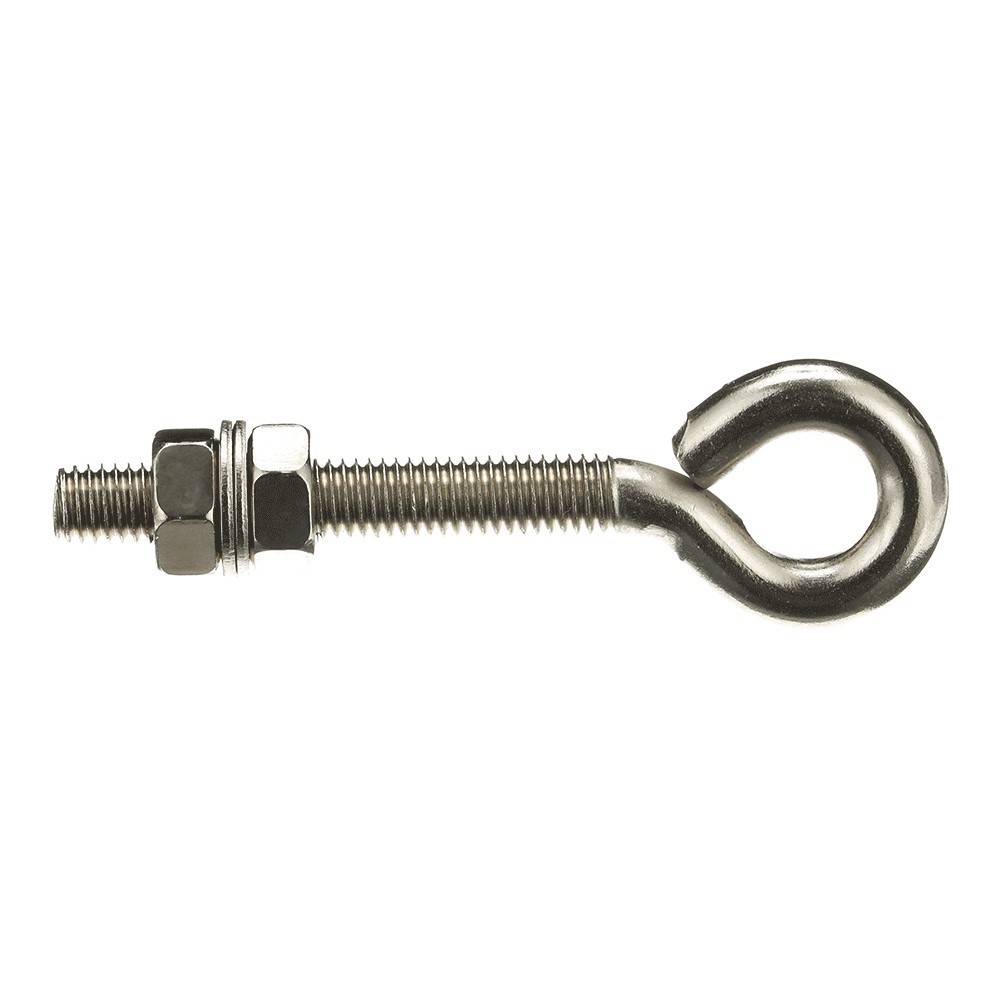 Ein Metallbolzen mit einer geschlungenen Endung und gewindeter Schaftachse, horizontal vor einem schlichten weißen Hintergrund dargestellt.