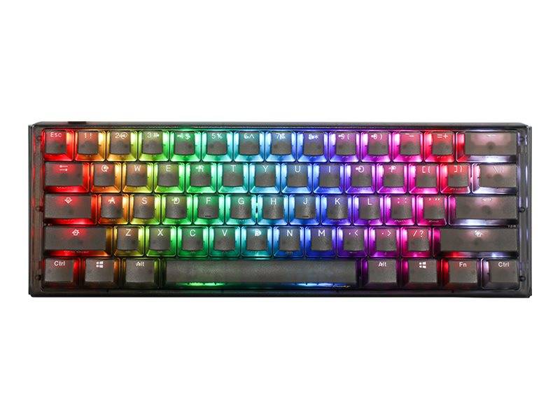 Eine Tastatur mit hintergrundbeleuchteten Tasten in einem Regenbogen-Farbmuster, die eine lebhafte Beleuchtung von Rot bis Violett über die Tasten zeigt.