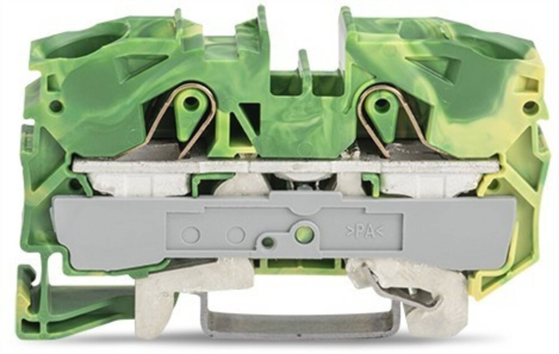 Eine Nahaufnahme eines grünen elektrischen Anschlussklemmenblocks mit grauer Basis, die seine innere Struktur und Anschlusspunkte zeigt.