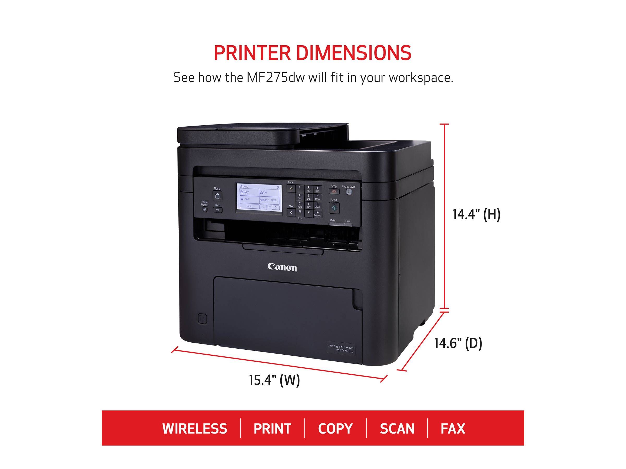 Canon MF275dw Drucker-Dimensionsgrafik mit dem Drucker mit einer Höhe von 14,4