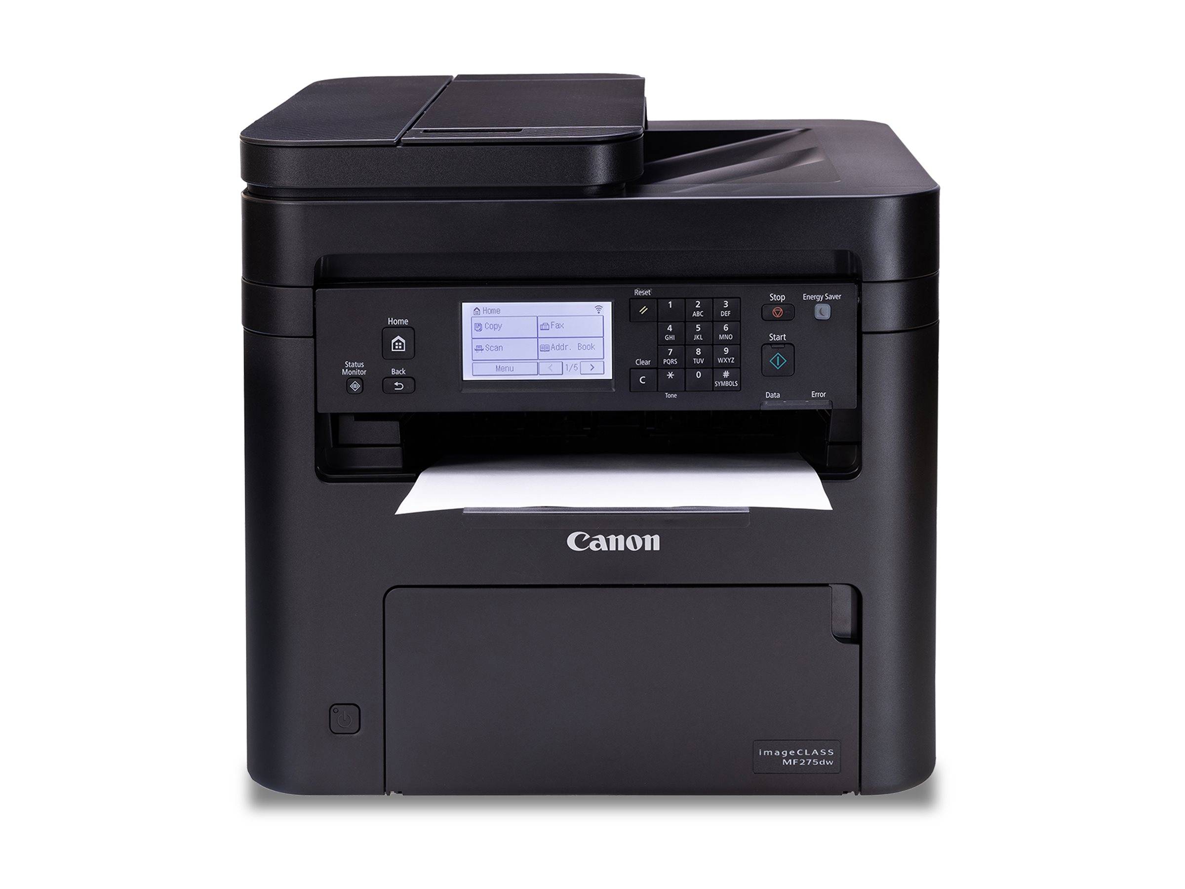 Schwarzer Multifunktionsdrucker Canon mit Bedienfeld und Papierfach, Frontansicht auf weißem Hintergrund.