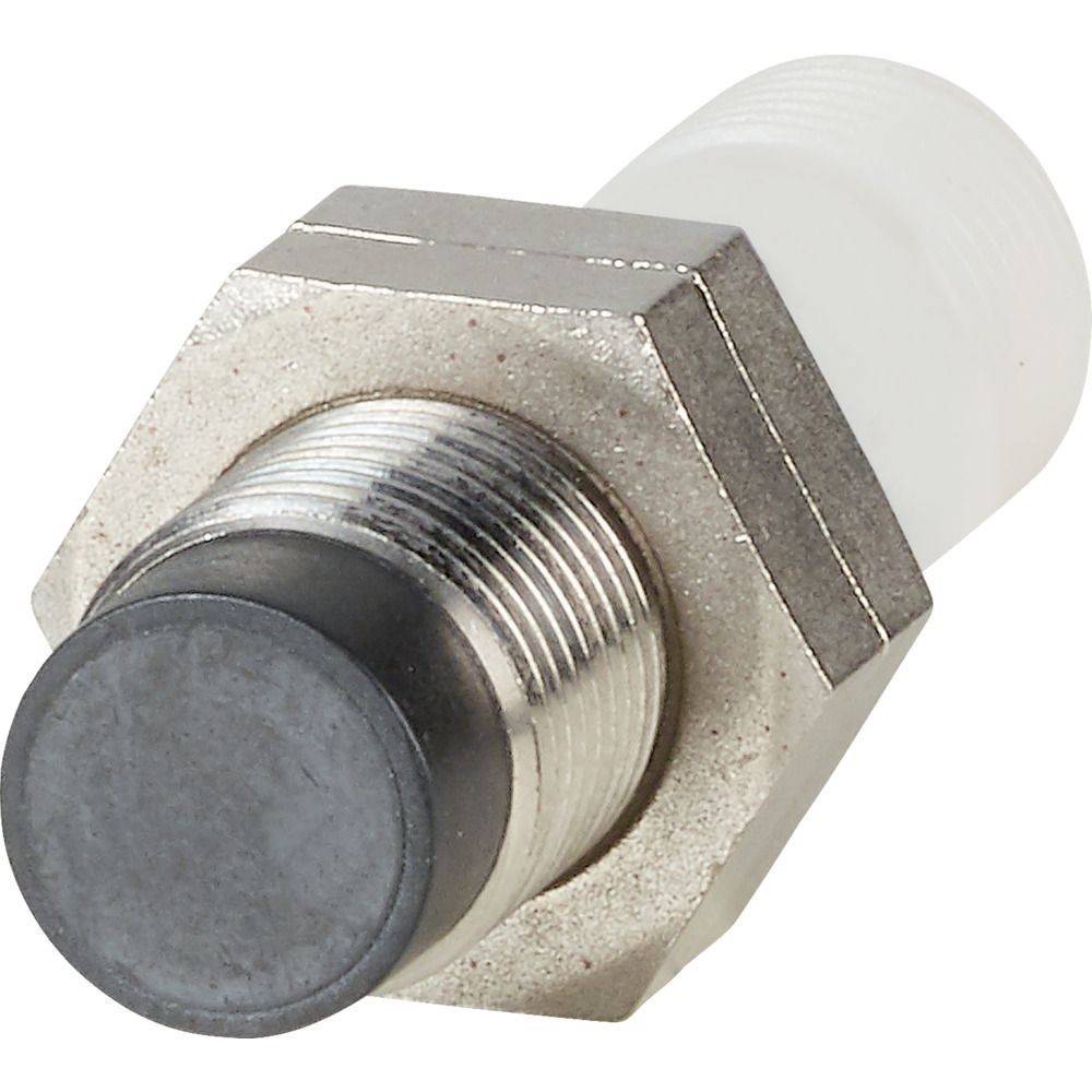 Ein metallischer Drucktaster mit einer runden schwarzen Kappe und gewindeter Gehäuse, typischerweise für industrielle Anwendungen und Maschinensteuerung verwendet.