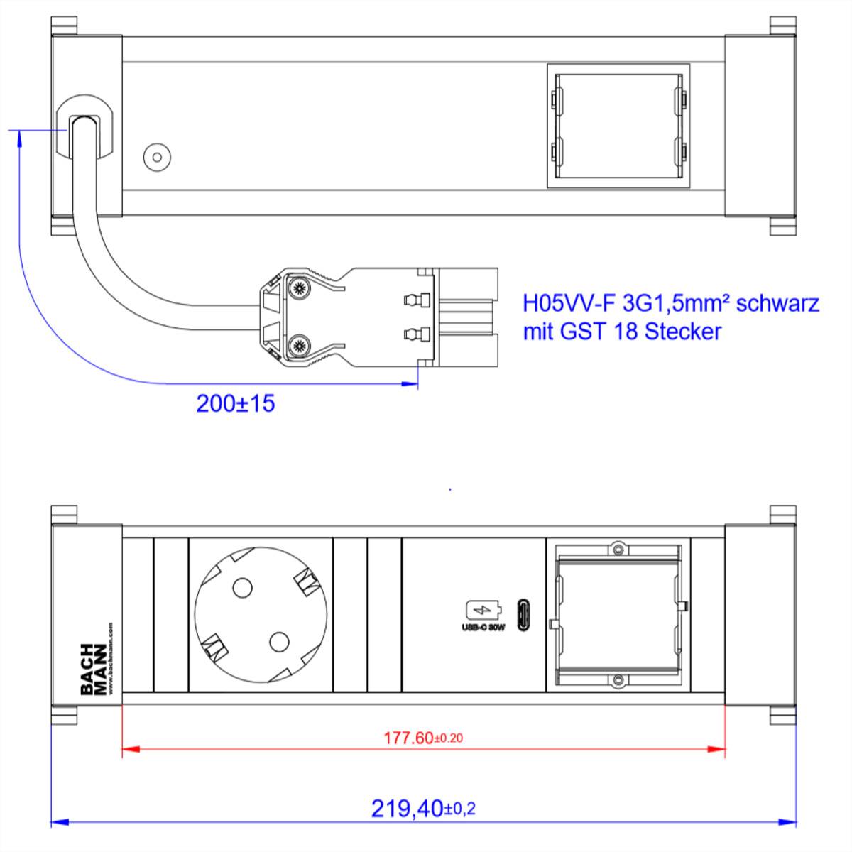 BACHMANN POWER FRAME 1xCEE7/3, 1xUSB C 30W 1xCM 0,2m GST18