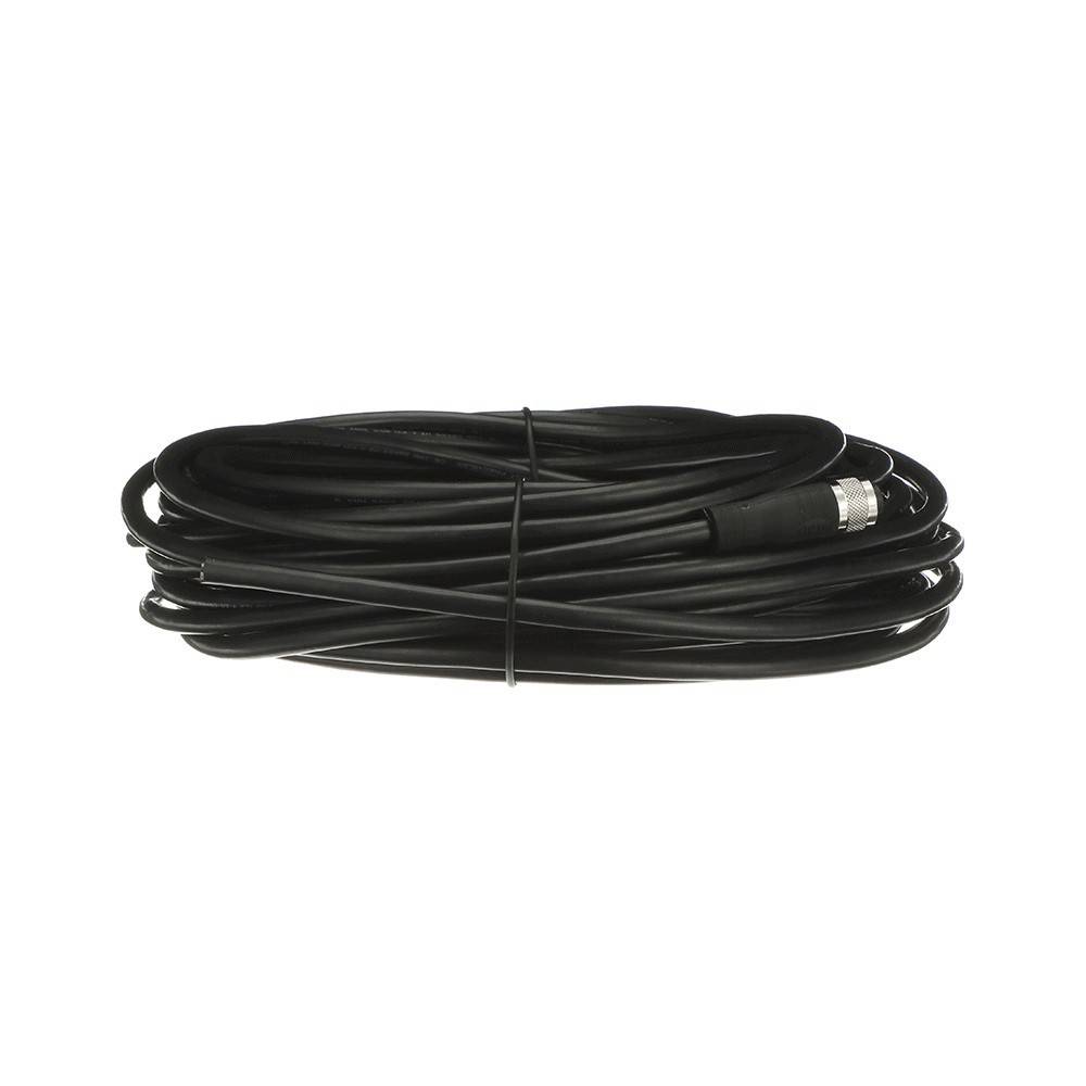 Ein aufgewickeltes schwarzes Kabel mit einem Anschluss an einem Ende, geeignet für elektronische oder Audiogeräte-Installationen.