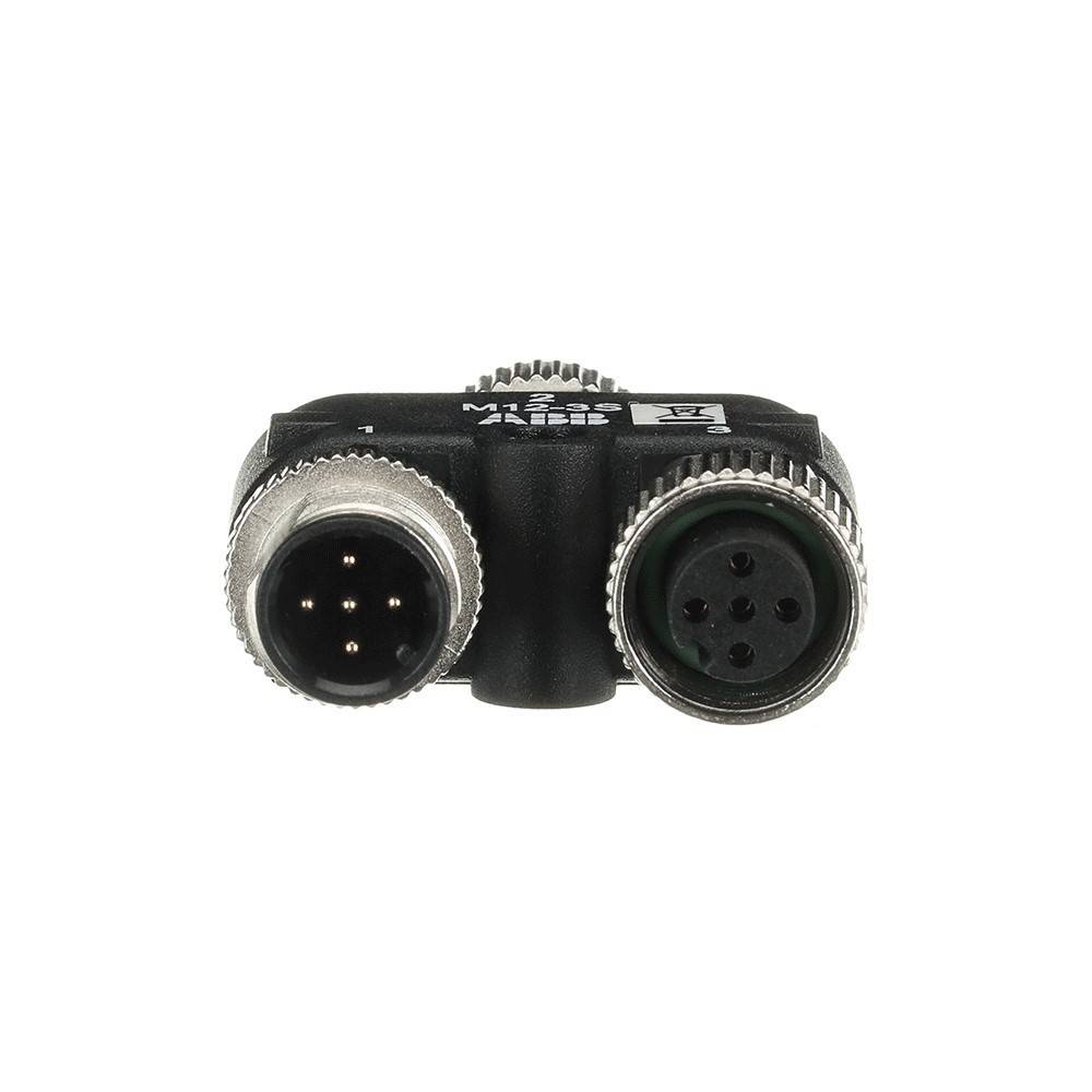 Ein kurzes Y-Kabeladapter mit einem 5-poligen Stecker und zwei 5-poligen Buchsen, verwendet zum Anschluss von MIDI-Geräten.