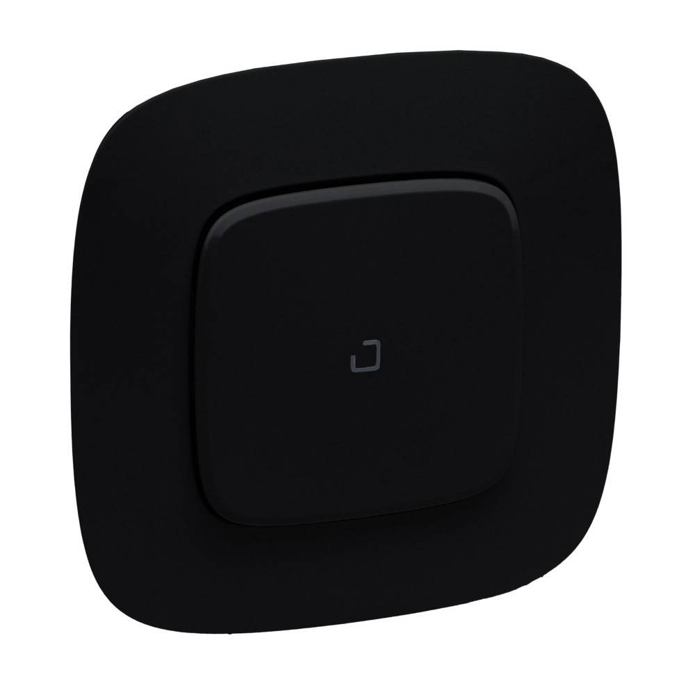 Ein schwarzer, quadratischer Smart-Button mit abgerundeten Kanten, der ein kleines quadratisches Symbol in der Mitte trägt und typischerweise zur Steuerung von Hausautomatisierung verwendet wird.