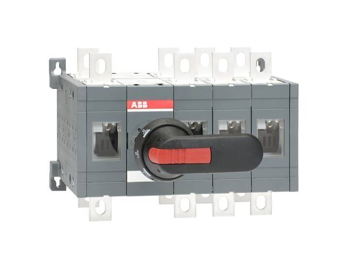 Ein Vierpol-Schalter von ABB mit einem roten und schwarzen Drehgriff, verwendet zur Steuerung elektrischer Schaltkreise.