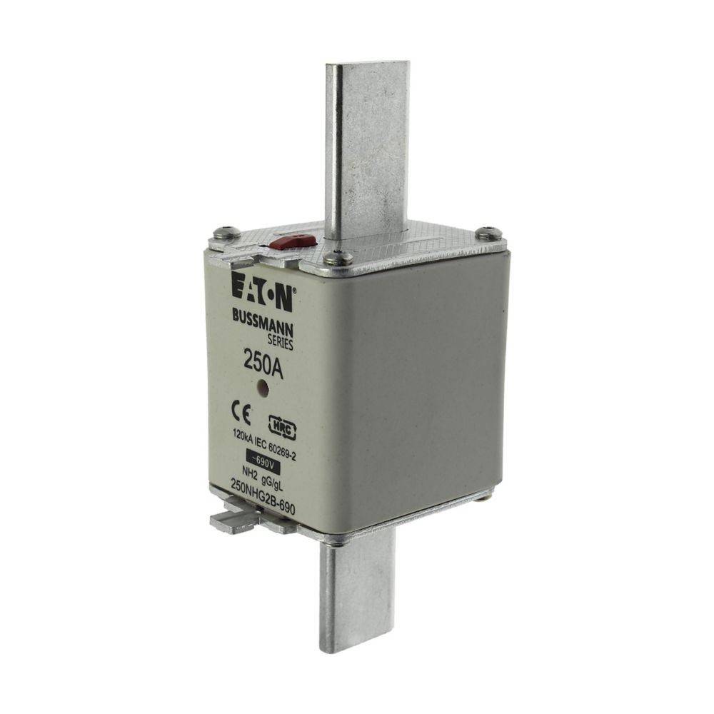 Eaton Bussmann Sicherung, 250A, mit Metallstiften und einem weißen rechteckigen Gehäuse, mit CE-Zertifizierung und Modellnummer 250NHG82B690.