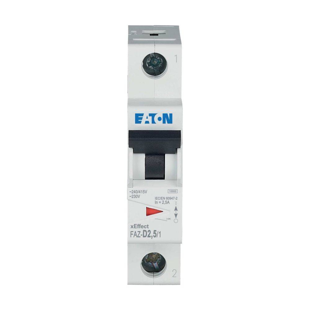 Eaton xEffect FAZ-D2,5/1' Leitungsschutzschalter, ausgelegt für 240/415V, 220V, mit einer Nennstromstärke von 2,5A, mit Ein-/Ausschalter und Klemmennummern.