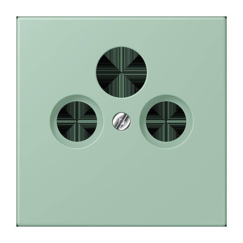 Eine minzgrüne Steckdosenabdeckung mit drei runden Löchern in dreieckiger Anordnung, in der Mitte mit einer Schraube befestigt.