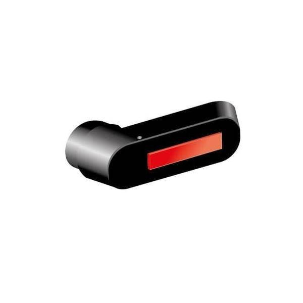 Ein schwarzes zylindrisches Objekt mit einem roten Streifen auf einer Seite, das einem modernen elektronischen Sensor oder Gerät ähnelt.