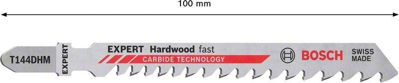 Nahaufnahme eines Sägeblatt-Segments, beschriftet mit 'Hartholz schnell' und 'HARTMETALL-TECHNOLOGIE', mit einer 100 mm Skala darüber als Größenreferenz.
