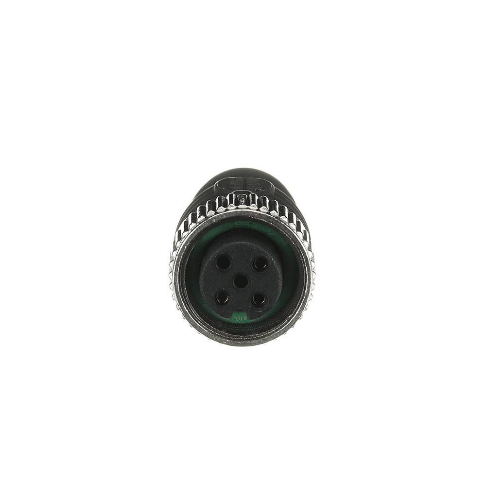 Eine Nahaufnahme eines schwarzen Vier-Pin-Elektroverbinders, die die Pinbelegung und den metallischen Rand zeigt, der für elektrische Verkabelung verwendet wird.