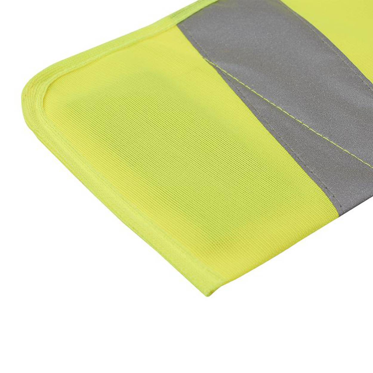 Eine gelbe Sicherheitsweste mit einem grauen Reflektorstreifen, die typischerweise zur Erhöhung der Sichtbarkeit bei schlechten Lichtverhältnissen verwendet wird.